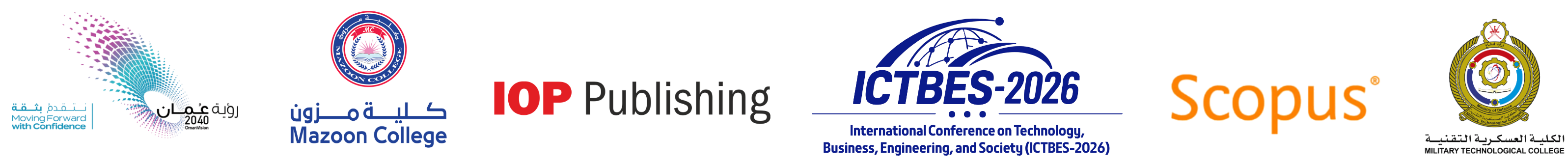 ICTBES-2026 conference logos — Mazoon College and Military Technological College
